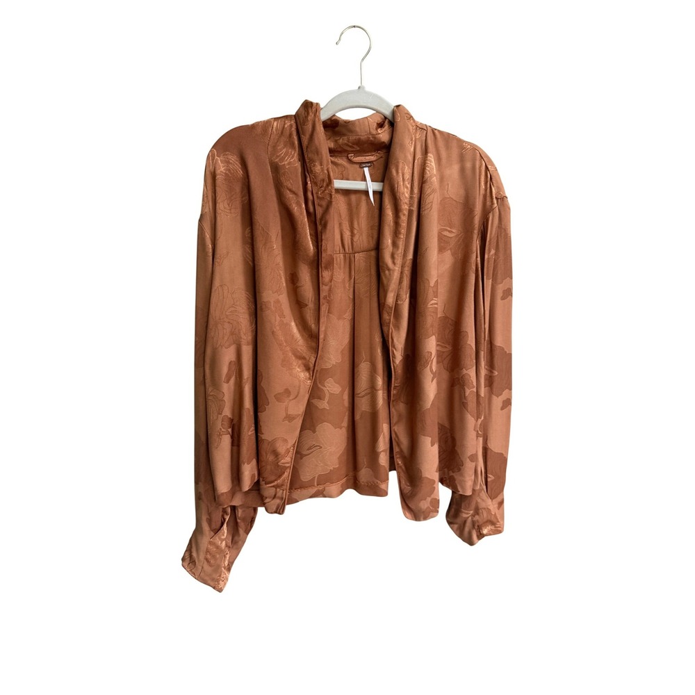 NEW Free People Jacket Copper Jacquard Satin Draped Open Front M Boho Romantic